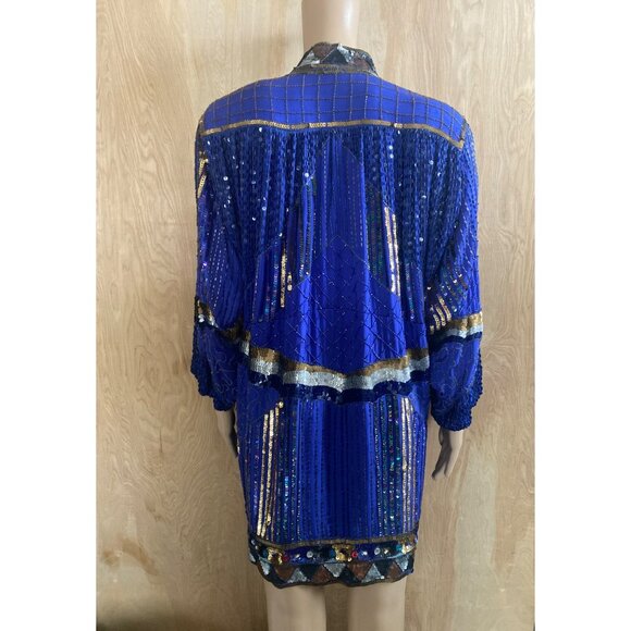 Vintage 1980s Sequin Beaded Duster Kimono Open Front Jacket Frank Usher Style - Picture 2 of 15